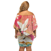 Hawaiian and Japanese Culture Together Off Shoulder Short Dress Kakau Art Tattoo with Cranes and Sakura Spring Vibe LT03 - Polynesian Pride