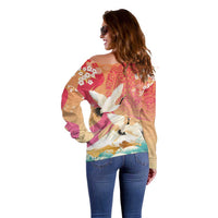 Hawaiian and Japanese Culture Together Off Shoulder Sweater Kakau Art Tattoo with Cranes and Sakura Spring Vibe LT03 - Polynesian Pride