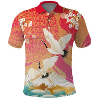Hawaiian and Japanese Culture Together Polo Shirt Kakau Art Tattoo with Cranes and Sakura Spring Vibe LT03 Multicolor - Polynesian Pride