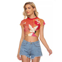 Hawaiian and Japanese Culture Together Raglan Cropped T Shirt Kakau Art Tattoo with Cranes and Sakura Spring Vibe LT03 Female Multicolor - Polynesian Pride