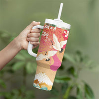 Hawaiian and Japanese Culture Together Tumbler With Handle Kakau Art Tattoo with Cranes and Sakura Spring Vibe LT03 - Polynesian Pride