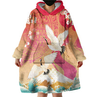 Hawaiian and Japanese Culture Together Wearable Blanket Hoodie Kakau Art Tattoo with Cranes and Sakura Spring Vibe LT03 - Polynesian Pride