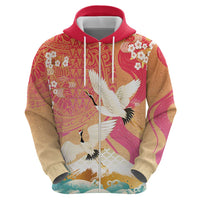 Hawaiian and Japanese Culture Together Zip Hoodie Kakau Art Tattoo with Cranes and Sakura Spring Vibe LT03 - Polynesian Pride