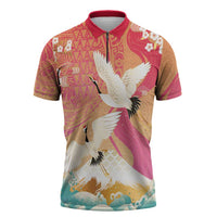 Hawaiian and Japanese Culture Together Zipper Polo Shirt Kakau Art Tattoo with Cranes and Sakura Spring Vibe LT03 Multicolor - Polynesian Pride