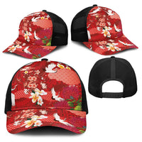 Hawaiian and Japanese Culture Together Baseball Net Cap Red Ohia Lehua Plumeria and Sakura Blooming - Polynesian Pride