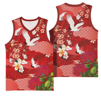 Hawaiian and Japanese Culture Together Basketball Jersey Red Ohia Lehua Plumeria and Sakura Blooming LT03 - Polynesian Pride