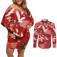 Hawaiian and Japanese Culture Together Couples Matching Off Shoulder Short Dress and Long Sleeve Button Shirt Red Ohia Lehua Plumeria and Sakura Blooming LT03 Red - Polynesian Pride
