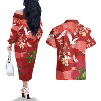 Hawaiian and Japanese Culture Together Couples Matching Off The Shoulder Long Sleeve Dress and Hawaiian Shirt Red Ohia Lehua Plumeria and Sakura Blooming LT03 - Polynesian Pride