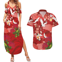 Hawaiian and Japanese Culture Together Couples Matching Summer Maxi Dress and Hawaiian Shirt Red Ohia Lehua Plumeria and Sakura Blooming LT03 Red - Polynesian Pride
