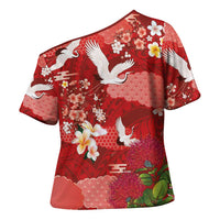Hawaiian and Japanese Culture Together Cross Shoulder Shirt Red Ohia Lehua Plumeria and Sakura Blooming LT03 - Polynesian Pride