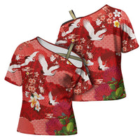 Hawaiian and Japanese Culture Together Cross Shoulder Shirt Red Ohia Lehua Plumeria and Sakura Blooming LT03 - Polynesian Pride