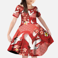 Hawaiian and Japanese Culture Together Family Matching Off The Shoulder Long Sleeve Dress and Hawaiian Shirt Red Ohia Lehua Plumeria and Sakura Blooming LT03 Daughter's Dress Red - Polynesian Pride