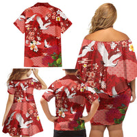 Hawaiian and Japanese Culture Together Family Matching Off Shoulder Short Dress and Hawaiian Shirt Red Ohia Lehua Plumeria and Sakura Blooming LT03 - Polynesian Pride