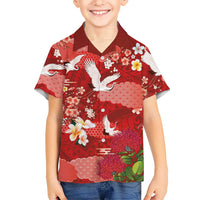Hawaiian and Japanese Culture Together Family Matching Off Shoulder Short Dress and Hawaiian Shirt Red Ohia Lehua Plumeria and Sakura Blooming LT03 Son's Shirt Red - Polynesian Pride