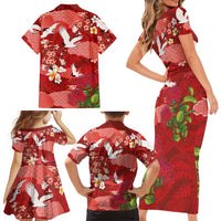 Hawaiian and Japanese Culture Together Family Matching Short Sleeve Bodycon Dress and Hawaiian Shirt Red Ohia Lehua Plumeria and Sakura Blooming LT03 - Polynesian Pride