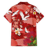 Hawaiian and Japanese Culture Together Family Matching Short Sleeve Bodycon Dress and Hawaiian Shirt Red Ohia Lehua Plumeria and Sakura Blooming LT03 - Polynesian Pride