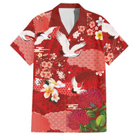 Hawaiian and Japanese Culture Together Family Matching Summer Maxi Dress and Hawaiian Shirt Red Ohia Lehua Plumeria and Sakura Blooming LT03 Dad's Shirt - Short Sleeve Red - Polynesian Pride