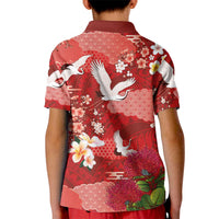Hawaiian and Japanese Culture Together Kid Polo Shirt Red Ohia Lehua Plumeria and Sakura Blooming LT03 - Polynesian Pride