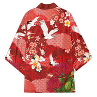 Hawaiian and Japanese Culture Together Kimono Red Ohia Lehua Plumeria and Sakura Blooming LT03 - Polynesian Pride
