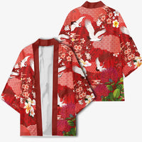 Hawaiian and Japanese Culture Together Kimono Red Ohia Lehua Plumeria and Sakura Blooming LT03 - Polynesian Pride