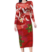Hawaiian and Japanese Culture Together Long Sleeve Bodycon Dress Red Ohia Lehua Plumeria and Sakura Blooming LT03 Long Dress Red - Polynesian Pride