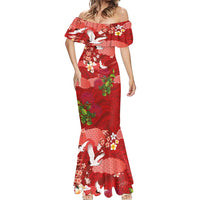 Hawaiian and Japanese Culture Together Mermaid Dress Red Ohia Lehua Plumeria and Sakura Blooming LT03 - Polynesian Pride
