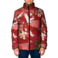 Hawaiian and Japanese Culture Together Padded Jacket Red Ohia Lehua Plumeria and Sakura Blooming LT03 Men Red - Polynesian Pride