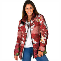 Hawaiian and Japanese Culture Together Padded Jacket Red Ohia Lehua Plumeria and Sakura Blooming LT03 Women Red - Polynesian Pride