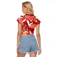 Hawaiian and Japanese Culture Together Raglan Cropped T Shirt Red Ohia Lehua Plumeria and Sakura Blooming LT03 - Polynesian Pride