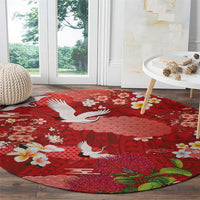 Hawaiian and Japanese Culture Together Round Carpet Red Ohia Lehua Plumeria and Sakura Blooming LT03 - Polynesian Pride
