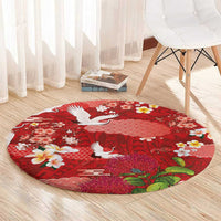 Hawaiian and Japanese Culture Together Round Carpet Red Ohia Lehua Plumeria and Sakura Blooming LT03 - Polynesian Pride