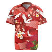 Hawaiian and Japanese Culture Together Rugby Jersey Red Ohia Lehua Plumeria and Sakura Blooming LT03 Red - Polynesian Pride