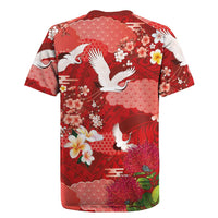 Hawaiian and Japanese Culture Together Rugby Jersey Red Ohia Lehua Plumeria and Sakura Blooming LT03 - Polynesian Pride