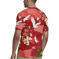 Hawaiian and Japanese Culture Together Rugby Jersey Red Ohia Lehua Plumeria and Sakura Blooming LT03 - Polynesian Pride