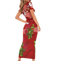 Hawaiian and Japanese Culture Together Short Sleeve Bodycon Dress Red Ohia Lehua Plumeria and Sakura Blooming LT03 - Polynesian Pride