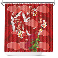 Hawaiian and Japanese Culture Together Shower Curtain Red Ohia Lehua Plumeria and Sakura Blooming LT03 Red - Polynesian Pride