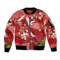 Hawaiian and Japanese Culture Together Sleeve Zip Bomber Jacket Red Ohia Lehua Plumeria and Sakura Blooming LT03 Unisex Red - Polynesian Pride