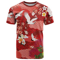 Hawaiian and Japanese Culture Together T Shirt Red Ohia Lehua Plumeria and Sakura Blooming LT03 Red - Polynesian Pride