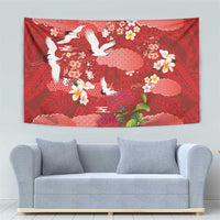 Hawaiian and Japanese Culture Together Tapestry Red Ohia Lehua Plumeria and Sakura Blooming LT03 - Polynesian Pride