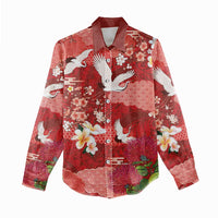 Hawaiian and Japanese Culture Together Women Casual Shirt Red Ohia Lehua Plumeria and Sakura Blooming LT03 - Polynesian Pride
