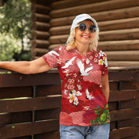 Hawaiian and Japanese Culture Together Women Polo Shirt Red Ohia Lehua Plumeria and Sakura Blooming LT03 - Polynesian Pride