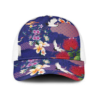 Hawaiian and Japanese Culture Together Baseball Net Cap Blue Ohia Lehua Plumeria and Sakura Blooming - Polynesian Pride