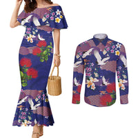 Hawaiian and Japanese Culture Together Couples Matching Mermaid Dress and Long Sleeve Button Shirt Blue Ohia Lehua Plumeria and Sakura Blooming LT03 Blue - Polynesian Pride