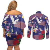 Hawaiian and Japanese Culture Together Couples Matching Off Shoulder Short Dress and Long Sleeve Button Shirt Blue Ohia Lehua Plumeria and Sakura Blooming LT03 - Polynesian Pride