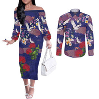 Hawaiian and Japanese Culture Together Couples Matching Off The Shoulder Long Sleeve Dress and Long Sleeve Button Shirt Blue Ohia Lehua Plumeria and Sakura Blooming LT03 Blue - Polynesian Pride