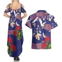 Hawaiian and Japanese Culture Together Couples Matching Summer Maxi Dress and Hawaiian Shirt Blue Ohia Lehua Plumeria and Sakura Blooming LT03 - Polynesian Pride
