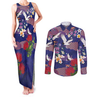 Hawaiian and Japanese Culture Together Couples Matching Tank Maxi Dress and Long Sleeve Button Shirt Blue Ohia Lehua Plumeria and Sakura Blooming LT03 Blue - Polynesian Pride