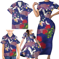 Hawaiian and Japanese Culture Together Family Matching Short Sleeve Bodycon Dress and Hawaiian Shirt Blue Ohia Lehua Plumeria and Sakura Blooming LT03 - Polynesian Pride