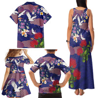 Hawaiian and Japanese Culture Together Family Matching Tank Maxi Dress and Hawaiian Shirt Blue Ohia Lehua Plumeria and Sakura Blooming LT03 - Polynesian Pride