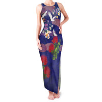 Hawaiian and Japanese Culture Together Family Matching Tank Maxi Dress and Hawaiian Shirt Blue Ohia Lehua Plumeria and Sakura Blooming LT03 Mom's Dress Blue - Polynesian Pride
